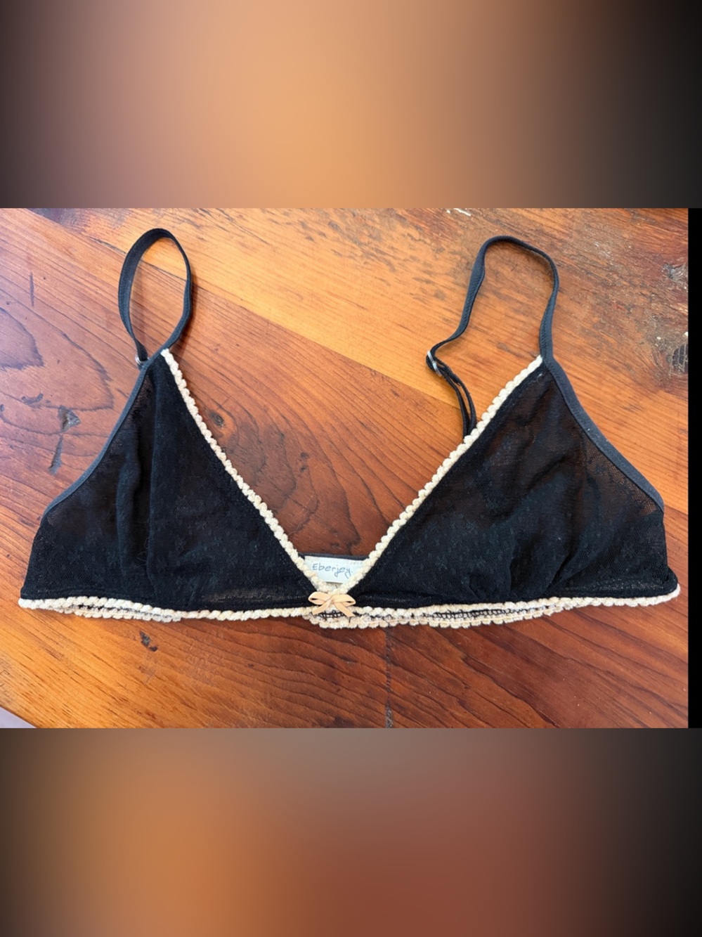 Eberjey Black Lace Triangle Bralette with Cream Velvet Pom Pom Trim